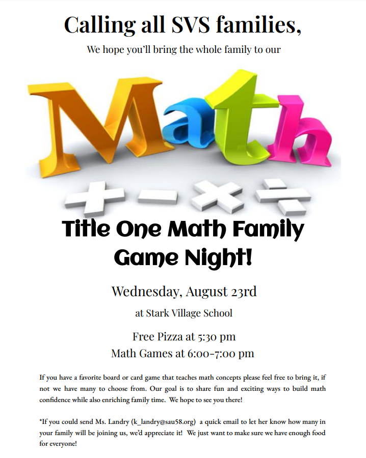 Flyer informing community about a Family Math Game night at the school 
