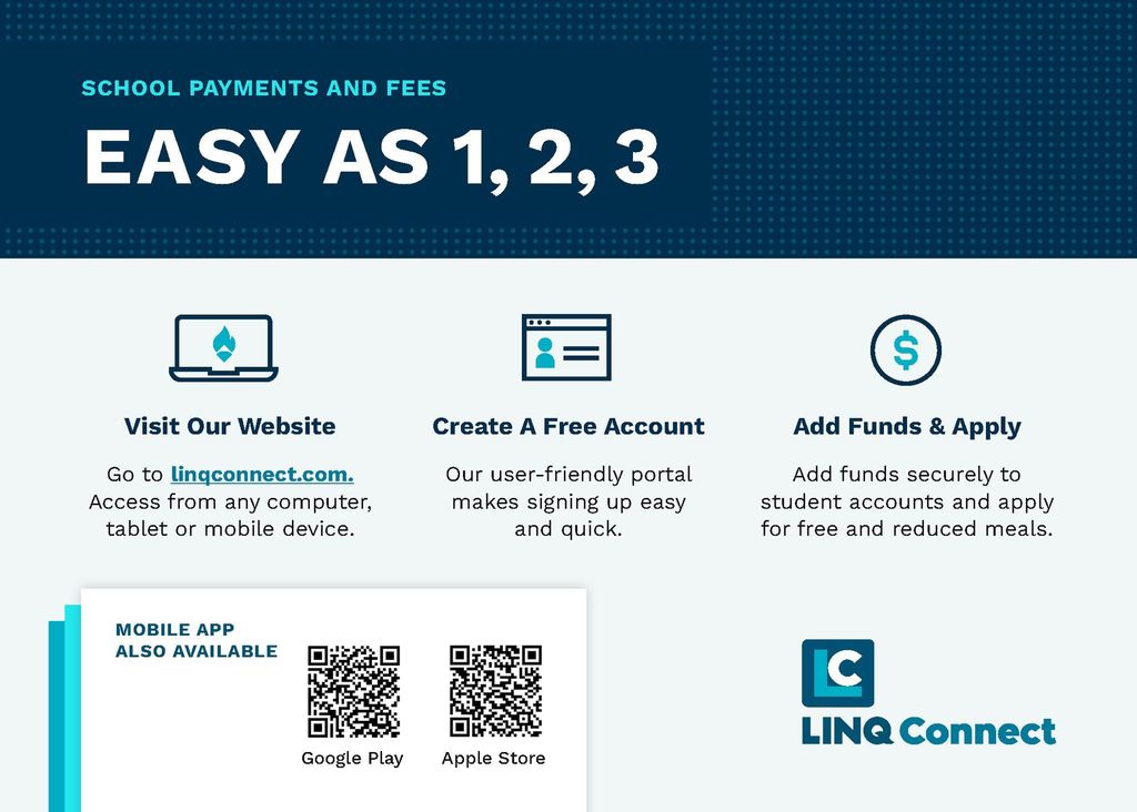 SCHOOL PAYMENTS AND FEES EASY AS 1,2,3, Visit out website at linqconnect.com , Create a free account, Add funds and apply.