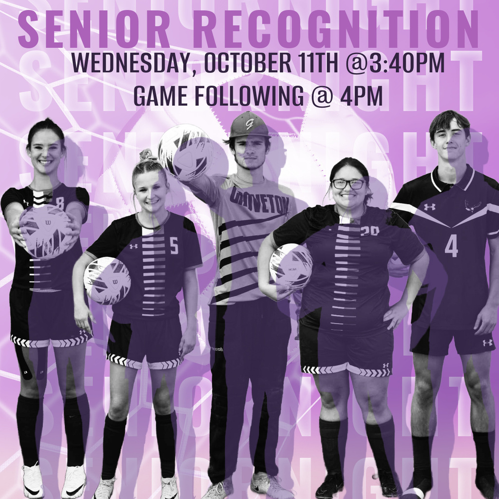 Senior Recognition Wednesday October 11th @ 3:40PM Game Following @ 4PM.    5 students standing with soccer balls